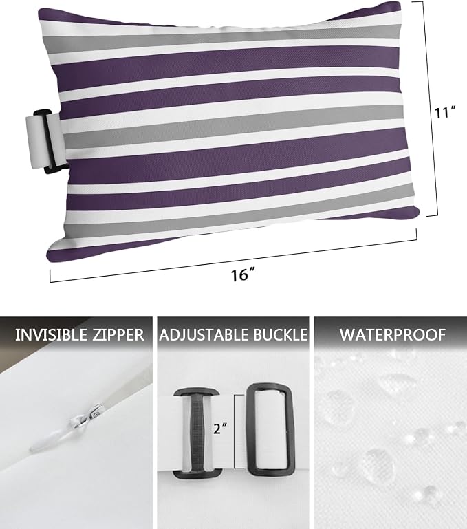 T&H XHome Outdoor Pillow for Chaise Lounge Chair, Dark Purple Gray White Stripe Waterproof Headrest Pillow Lumbar Pillows with Adjustable Elastic Strap for Beach, Poolside, Patio, Office (2 Pack)