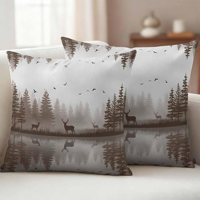 Yukro Brown Nature Landscape Outdoor Waterproof Pillow Covers Pack of 2, Deer Misty Lake Foggy Forest Birds Throw Pillowcases Decorative Cushion Covers for Garden Patio Tent Sofa Couch, 20x20 inch