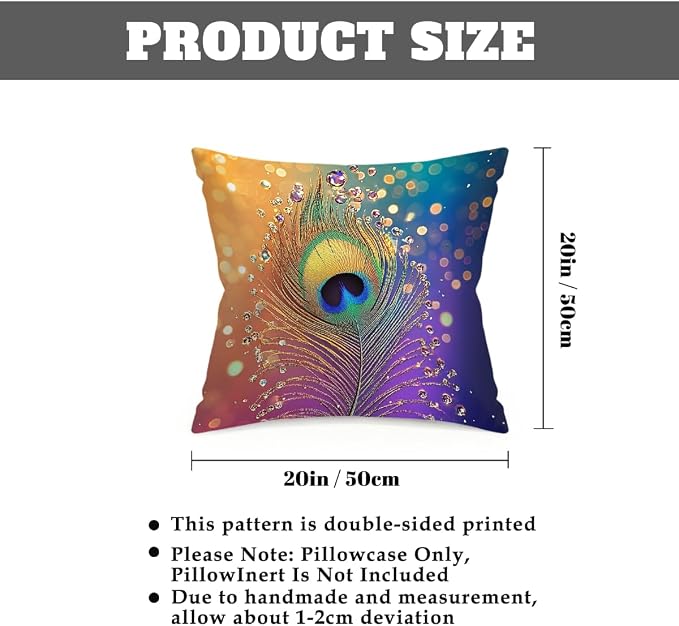 20x20 Inch Outdoor Pillow Covers Set of 2 Waterproof Throw Pillow Covers Decorative Couch Cushion Covers Peacock Feather Rainbow Square Pillowcases Protectors for Patio Garden Sofa