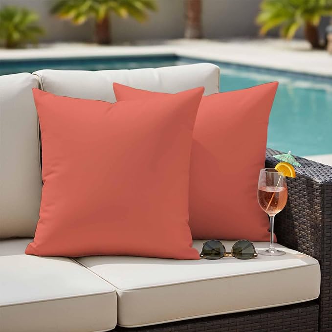 Outdoor Pillow Covers Set of 2, Solid Color Coral Red Decorative Throw Pillow Covers 18X18IN, Minimalist Style Throw Pillows Protector Cushion Case for Patio,Couch,Sofa,Garden