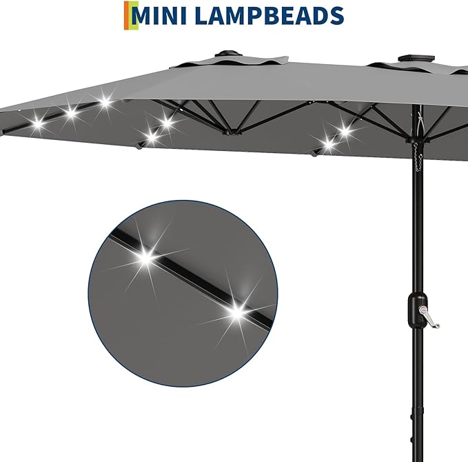 15FT Solar LED Lighted Patio Umbrella with 36 Lights, Outdoor Market Umbrella with Weighted Base Included, Crank Lift & Tilt, Large Shade for Backyard, Garden, Deck, Pool, Beach