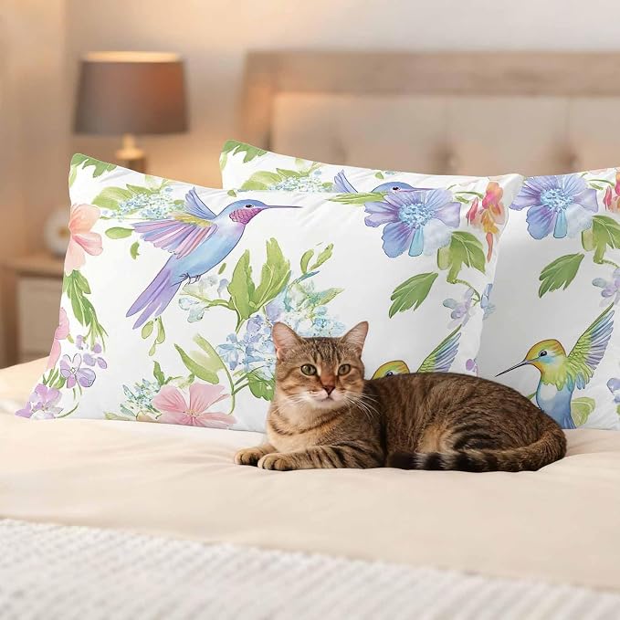 Spring Hummingbird Outdoor Waterproof Throw Pillow Covers Set of 2, 20"x12", Colorful Birds Floral Decorative Pillow Covers Outside Cushion Case for Patio Porch Garden