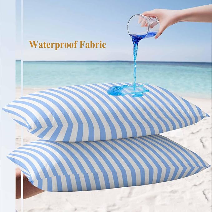 Lumbar Pillow Covers 20x12 Inch Set of 2, Blue White Stripe Waterproof Outdoor Cushion Covers, Modern Minimalist Geometric Striped Decorative Pillowcases for Couch, Sofa, Bed, Garden, Patio