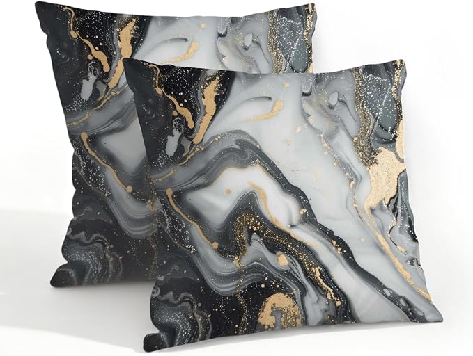 20x20 Inch Outdoor Pillow Covers Set of 2 Waterproof Throw Pillow Covers Decorative Couch Cushion Covers Black Grey Marble Square Pillowcases Protectors for Patio Garden Sofa