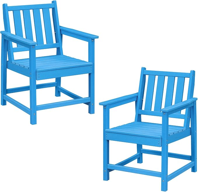 All-Weather Outdoor Chairs Set of 2, Outdoor Patio Dining Chair with Backrest and Armrest, 300 lbs Support All-Weather HDPE Furniture Patio Chair for Backyard, Garden, Deck, Blue