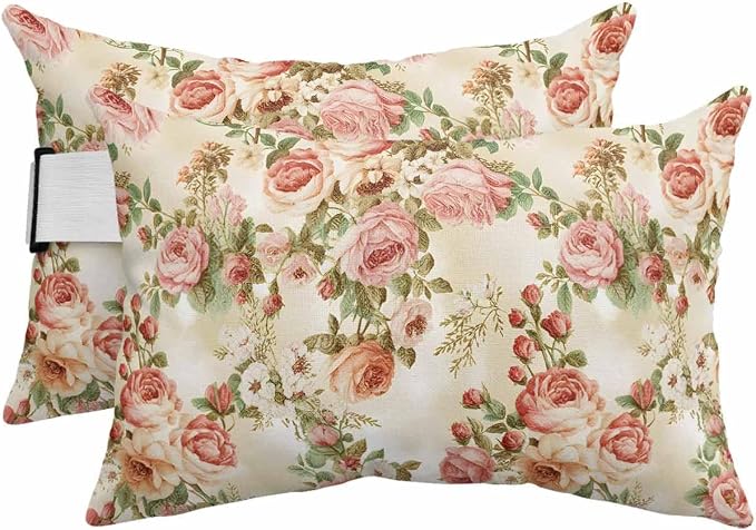 Outdoor Pillows Covers with Inserts Flowers Retro Luxury Floral and Leaf Pattern Waterproof Recliner Pillow with Adjustable Strap Throw Pillows for Patio Furniture Pool Lounge Chair, 12x20 inch, 2PCS