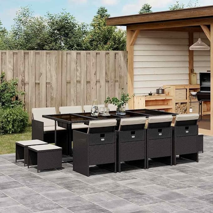 Large Garden Dining Set for 12 People, Black PE Rattan and Tempered Glass, Foldable Chairs and Stackable Stools for Patio, Balcony, Backyard