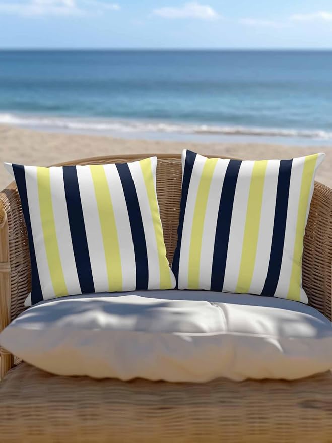 Outdoor Pillows Waterproof, Yellow Navy Blue Striped Bedding Throw Pillows with Insert for Couch Sofa Bed, Farmhouse Stripe Art 16x16 Inch Pillowcases Decorative Camping Patio Pillow Set of 2