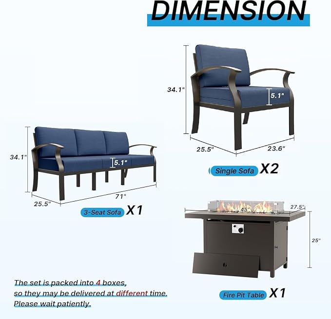 Gotland Aluminum Patio Furniture Set, 4 PCS Metal Outdoor Furniture with 45’’ Fire Pit Table Waterproof 5.1'' Seat Cushions 34.1’’ High Back, Oversized Outdoor Sectional Patio Conversation Sets, Navy
