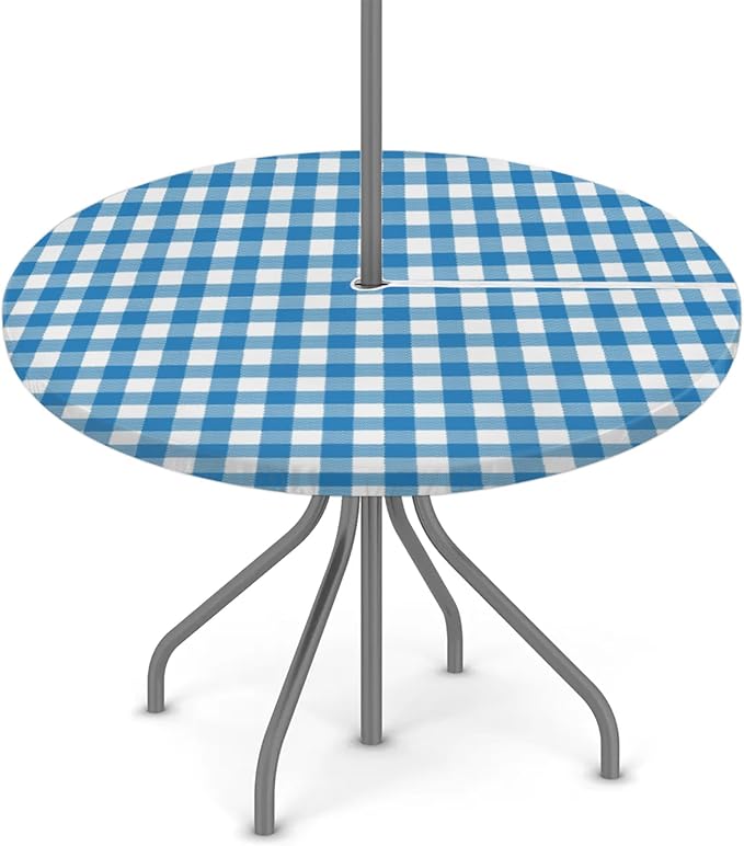 Fitted Round Tablecloth with Umbrella Hole and Zipper Buffalo Plaid Outdoor Elastic Table Cloth 45"-56" Oil-Proof Waterproof Patio Table Cover for Dining Picnic Party, Blue and White
