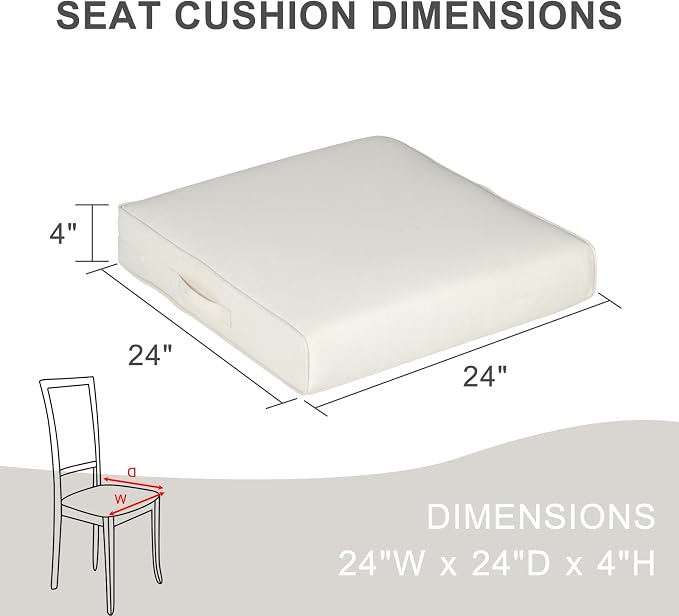 Aoodor Patio Chair Cushions Set of 4, 24 x 24 x 4 Inch Water Resistant Outdoor Seat Cushions with Handle and Ties, Square Corner Cushions for Patio Furniture Garden Lawn, Ivory