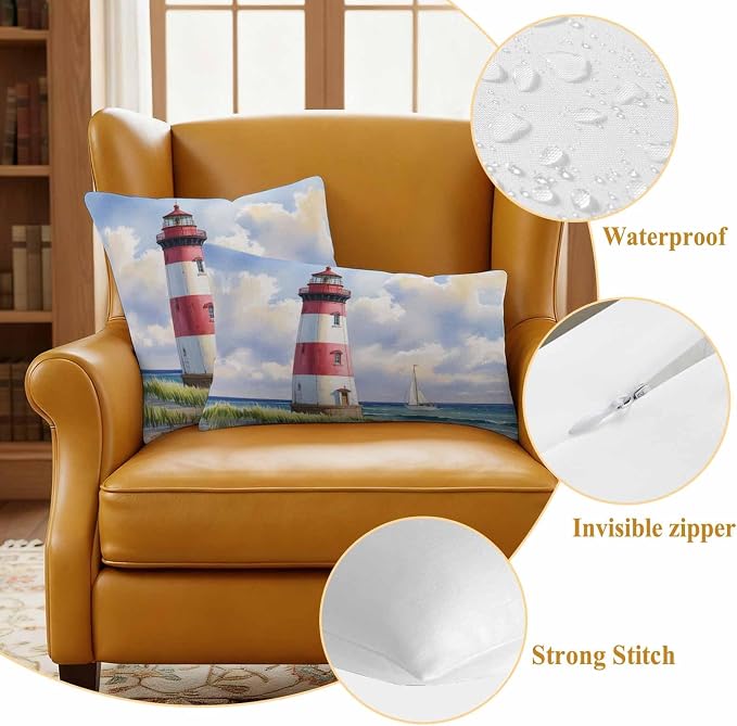 Beach Lighthouse Waterproof Outdoor Pillow Covers Set of 2 Home Decor, Coastal Ocean Ship Sky Oil Painting Pillowcase Patio Pillow Covers for Couch Bench Furniture Garden 20x20in
