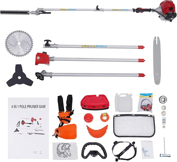 4-in-1 Multi-Functional Trimming Tool 51.7cc 2-Stroke Gas Powred Weed Wacker Hedge Trimmer Brush Cutter Blade Pole Saw for Gardens, Parks, Yards, 6500RPM