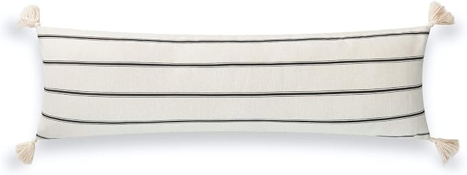 Hofdeco Premium Modern Boho Moroccan Indoor Outdoor Body Lumbar Pillow Cover ONLY for Bed, Backyard, Couch, Sofa, Black White Stripe Tassels, 12"x40"