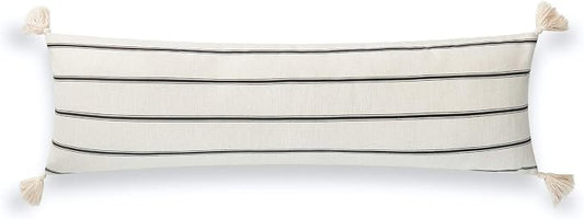 Hofdeco Premium Modern Boho Moroccan Indoor Outdoor Body Lumbar Pillow Cover ONLY for Bed, Backyard, Couch, Sofa, Black White Stripe Tassels, 12"x40"