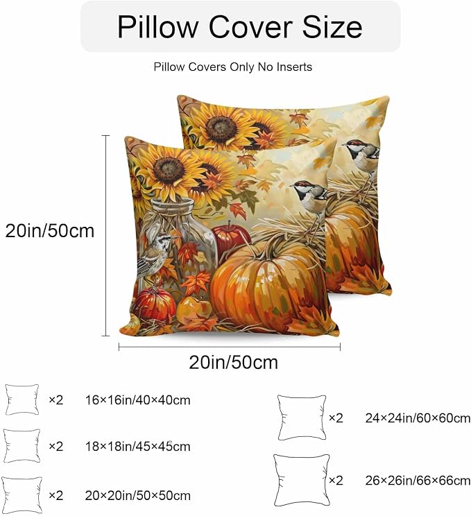 Fall Pumpkins Outdoor Pillow Covers 20x20 Inch Throw Pillow Covers Set of 2 Waterproof Decorative Pillow Cases Sunflowers Birds Thanksgiving Oil Painting Cushion Covers for Patio Furniture Garden