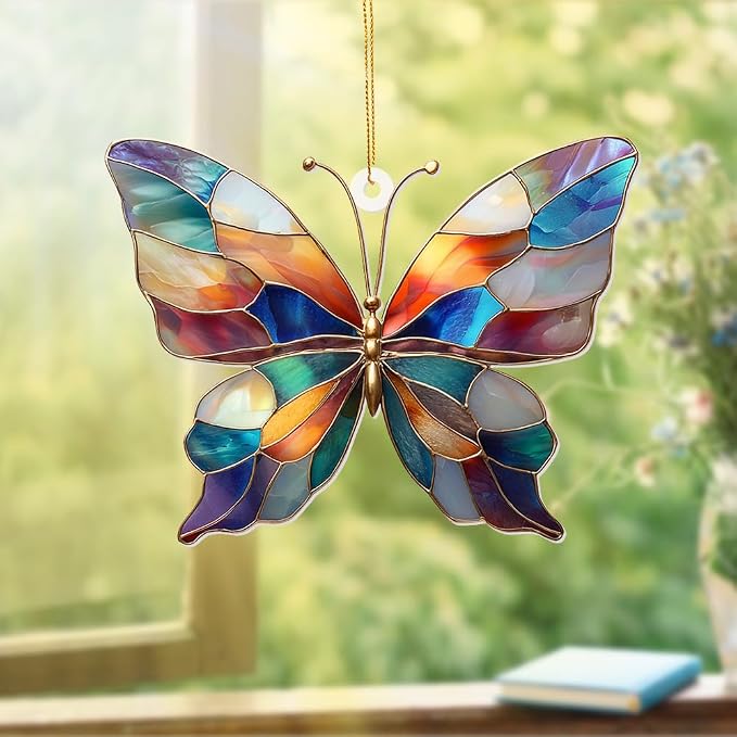 Stained Glass Butterfly Ornament Acrylic – Colorful Suncatcher Window Hanging, Glass Butterfly Decoration for Christmas Tree 2026, Spring Garden Décor, Gifts for Women & Nature Lovers(Sun-04)