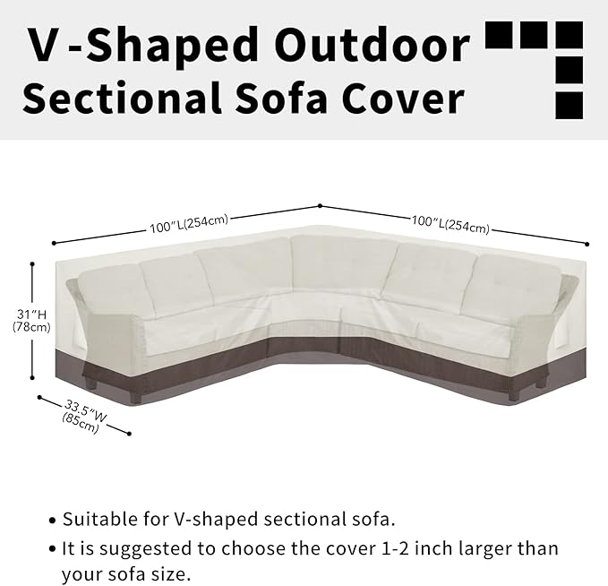 Easy-Going Outdoor V-Shaped Sectional Sofa Cover 100"X100" UV Resistant Patio Sectional Couch Cover Waterproof Lawn Patio Furniture Cover, Beige/Brown