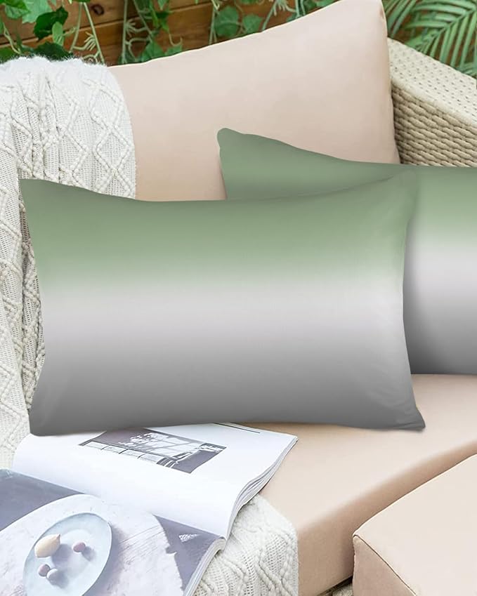 Outdoor Waterproof Throw Pillow Covers Set of 2 Sage Green Lumbar Pillowcases 20x12 Inches Ombre Green Grey Patio Decorative Pillows Cushion Case Patio Pillows for Couch Bed Chair Garden