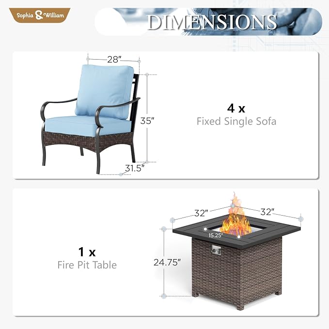 Sophia & William Patio Furniture Set with Fire Pit Table, 5 PCS Metal Outdoor Conversation Set Sofa Couch with Fire Pit Table, 4 Sofa Chairs for Outdoor Seating,Backyard,Porch(Blue)