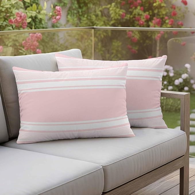 Outdoor Waterproof Throw Pillow Covers, Pink Striped Decorative Pillow Cases, Modern Color Block Farmhouse Stripes Couch Pillow Protector Patio Sofa Cushion Covers Replacement 20"x12" 2 Pack
