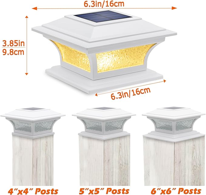 SIEDiNLAR Solar Post Lights Outdoor Glass LED Fence Cap Light 2 Modes for 4x4 5x5 6x6 Posts Patio Deck Garden Decoration Warm White/Cool White Lighting White (2 Pack)
