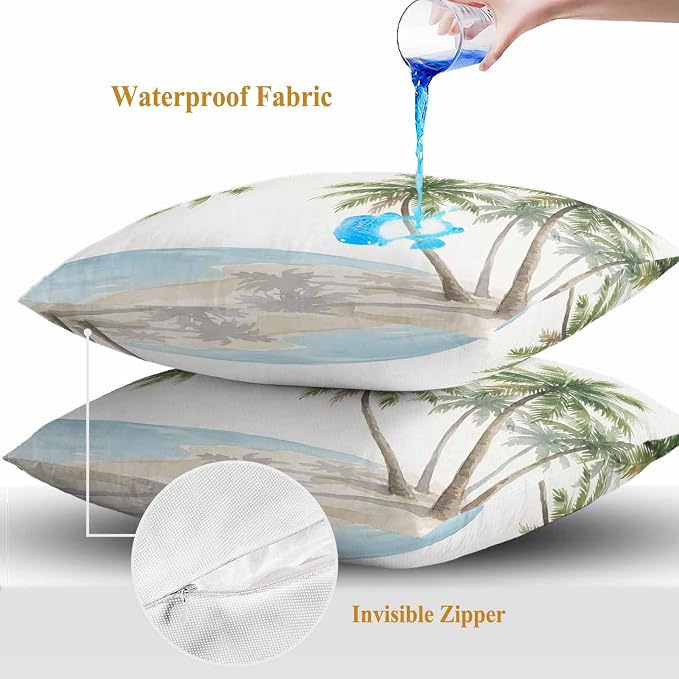 Yukro Coastal Beach Palm Tree Outdoor Waterproof Pillow Covers Pack of 2, Watercolor Coconut Tree Summer Throw Pillowcases Decorative Cushion Covers for Garden Patio Tent Sofa Couch, 18x18 inch