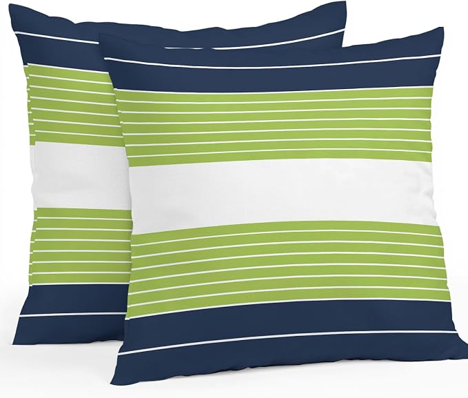 Navy Blue Green Stripe Outdoor Pillow Covers Waterproof, All Weather Cushion Case Set of 2, Modern Art Horizontal Striped Decorative Pillowcases for Sofa Couch Bed Decor Patio Furniture 16"x16"