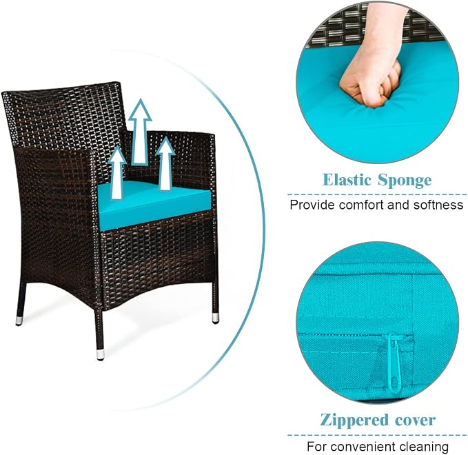 8 Pieces Patio Sofa Set, Wicker Conversation Set with Ergonomic Curved Backrest, Water-Resistant Cushion & Tempered Glass Table for Balcony, Porch (Turquoise)