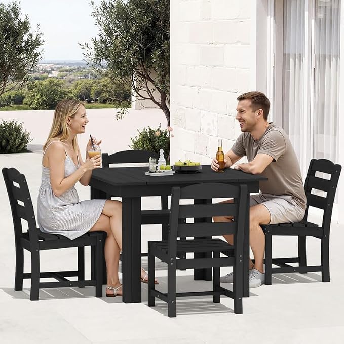KINGYES HDPE Outdoor Dining Set for 4 with Umbrella, 6-Piece Square Patio Table & Armless Chairs, All-Weather for Backyard, Garden, Lawn & Poolside, Black