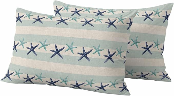 Summer Ocean Starfish Outdoor Pillow Covers Set of 2 Nautical Farmhouse Blue Teal Starfish Rustic Stripe Waterproof Throw Pillow Cover Decorative Cushion Cases for Patio Porch Garden 20X12 Inch