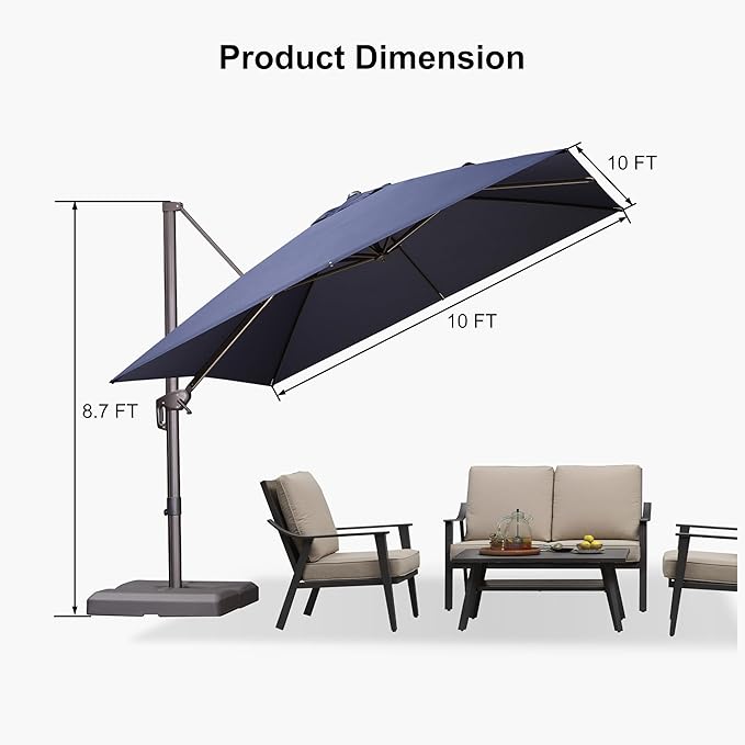 PURPLE LEAF 10' X 10' Patio Cantilever Umbrella Antique Bronze Square Outdoor Umbrella with 360° Rotation and Aluminum Offset Hanging for Garden Backyard Pool, Navy Blue