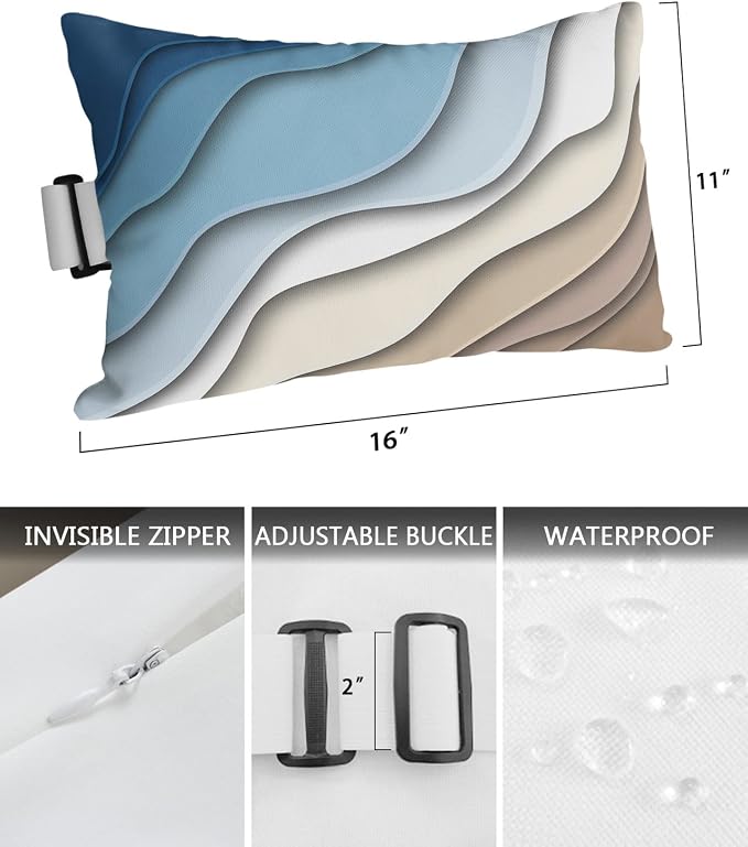 Outdoor Pillows Covers with Inserts Abstract Geometric Blue Brown Gradient Waves Beach Waterproof Pillow with Adjustable Strap Throw Pillows for Patio Furniture Recliner Lounge Chair, 11x16 inch, 1PCS
