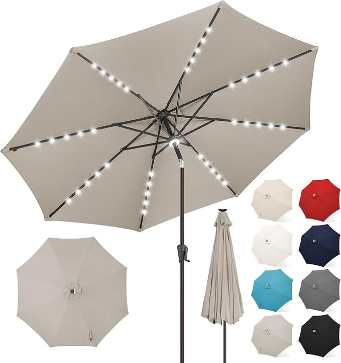 FLAME&SHADE 11 FT Solar Light Patio Umbrella, 40 LED lights outdoor umbrella with Centre Surround Light, Table Market Umbrella for Deck, Pool, Porch, Backyard, Garden, UV Protection, Taupe