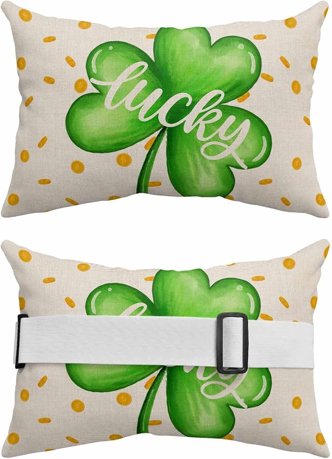 Chaise Lounge Head Resting Pillows,St. Patrick's Day Lucky Green Clovers Leaves Outdoor Chaise Pillows,Waterproof Patio Furniture Pillows with Insert and Adjustable Elastic Strap for Beach Chair