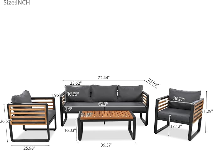 SOFTSEA 4-Piece Outdoor Patio Conversation Set with Coffee Table, Acacia Wood Patio Sofa Set with Thick Cushions & Metal Legs, All-Weather Patio Furniture Set for Backyard Garden Deck, Gray