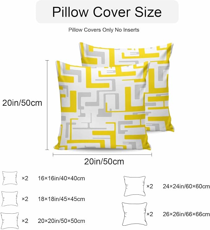 Geometric Outdoor Pillow Shams Set of 2, Decorative Pillowcases Cushion Case, Soft Throw Pillow Covers Waterproof Pillow Case 24x24 Inch, Abstract Lines Yellow Gray Modern Art