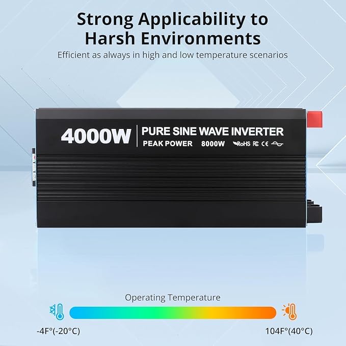 Power Inverter 4000 Watt Pure Sine Wave 12V DC to 110V/120V AC 8000W Peak Converter for Family RV Off Grid Solar System with 4 AC Outlets LCD Display Remote Control and 3.4A USB Charging Port