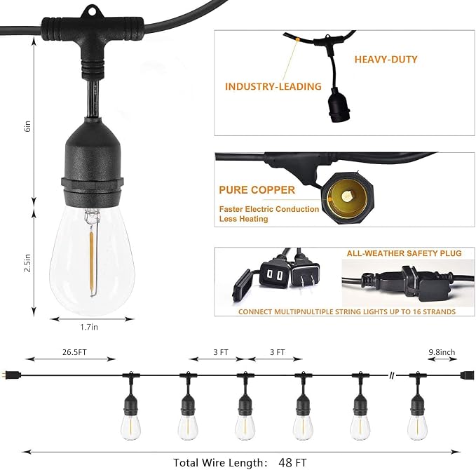 Outdoor String Light 48FT LED Heavy-Duty Patio Lights String Linkable with Shatterproof 15 LED Bulbs for Outside Cafe Porch Market String Lights