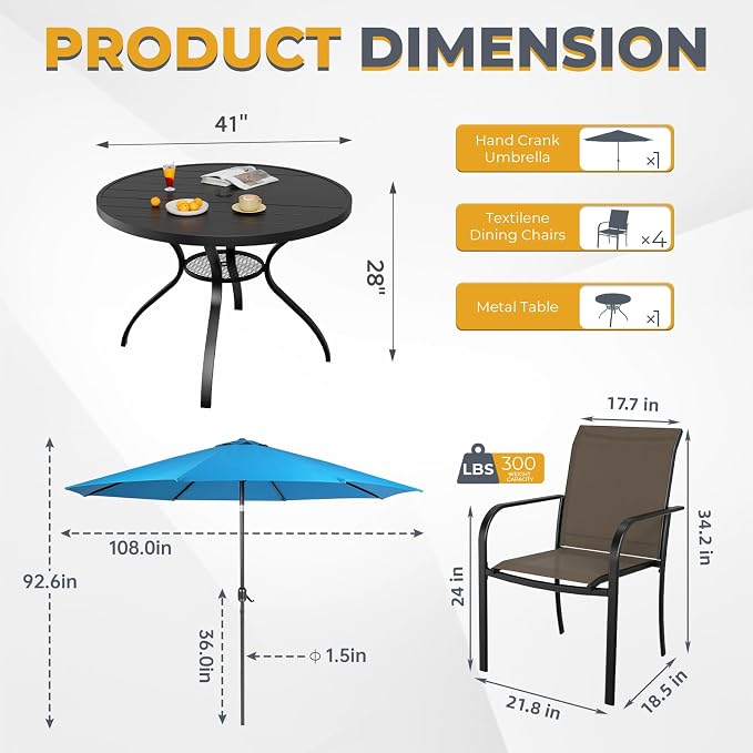 Incbruce 6 PCS Patio Dining Set with Sky Blue Umbrella, Outdoor Dining Set of 4 Textilene Chairs and 41" Round Table with Umbrella Hole for Backyard, Garden, and Poolside (Brown)