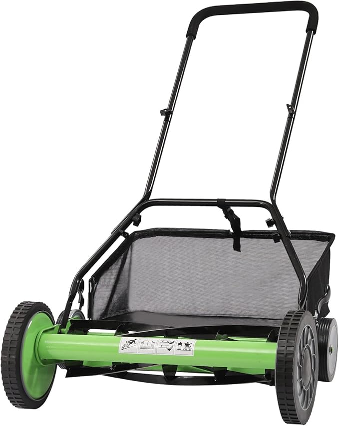 20 inch Push Reel Lawn Mower with Grass Catcher Green Black Lawn Sweeper with Collection Box Adjustable Height Manual Push Lawn Mower 5-Blade Lawnmower for Gardens Lawns (20" Green Black)