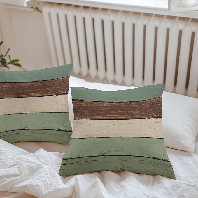 Vandarllin Outdoor Throw Pillow Covers 26X26 Set of 2 Waterproof Sage Green Brown Decorative Zippered Cushion Covers for Patio Furniture, Farmhouse Retro Rustic Barn Wood Texture Lumbar Pillowcases