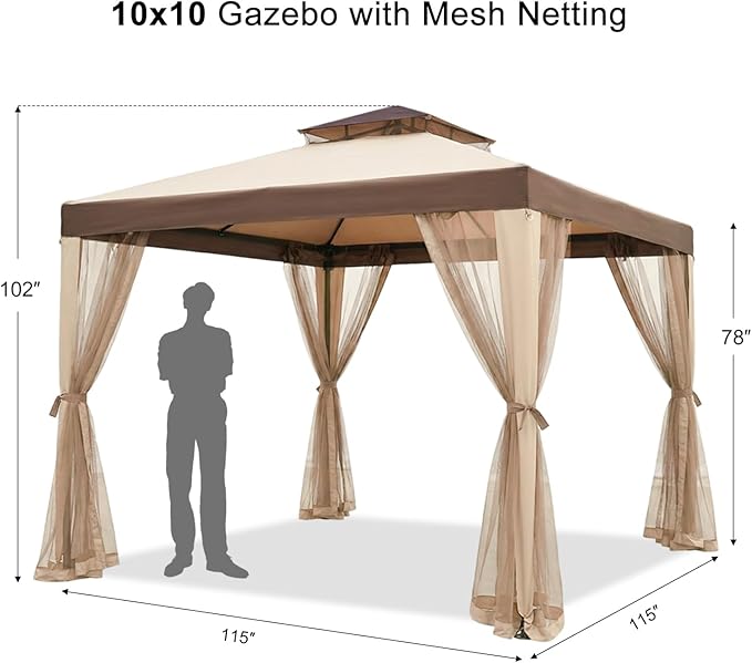 10x10 Gazebo with Netting, Canopy Tent Sun Shade Shelter for Outdoor Patio Backyard (Beige)