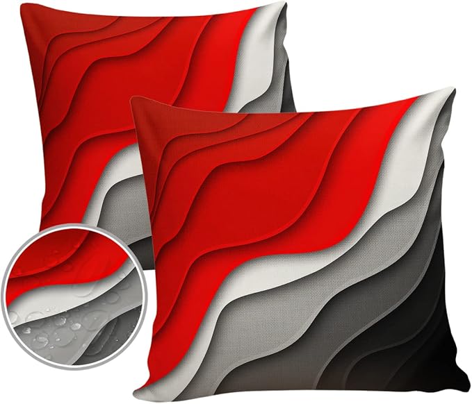 Funy Decor Waterproof Outdoor Throw Pillow Cover Red Modern Geometric Lumbar Pillowcases Set of 2 Grey Abstract Beach Decorative Patio Furniture Pillows for Couch Garden 18x18 inch x 2pcs