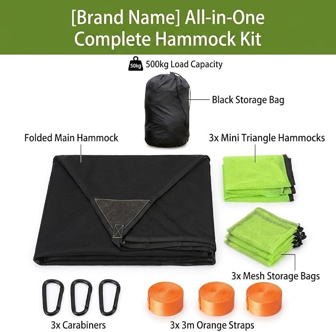 Multi-person triangular hammock, aerial camping hammock, suspended type, suitable for outdoor adventures, hiking, backyards, and gardens, includes straps, buckles, and storage bag (Black, 157in*157in)