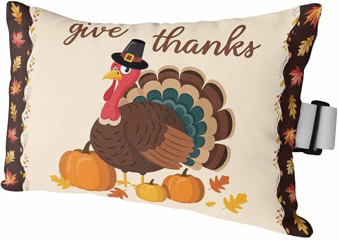 Outdoor Pillows Covers with Inserts Give Thanks Pumpkin Turkey Maple Leaf Border Waterproof Recliner Pillow with Adjustable Strap Throw Pillows for Patio Furniture Pool Lounge Chair, 12x20 inch, 1PCS