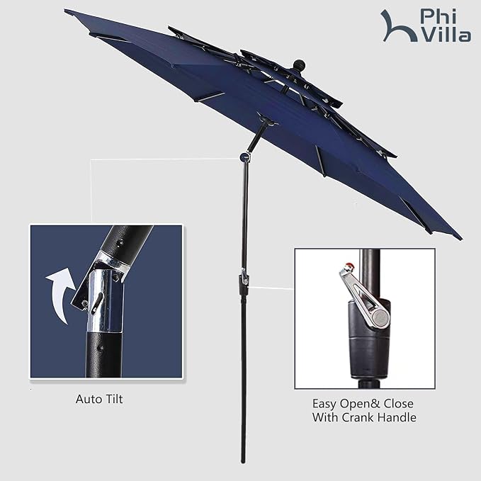 PHI VILLA Outdoor Table Chairs Set w/Umbrella, 5pc Patio Metal Furniture | 37" wrought iron square table & stackable chairs for 4. 10ft blue umbrella. Dining set for deck, porch, backyard.
