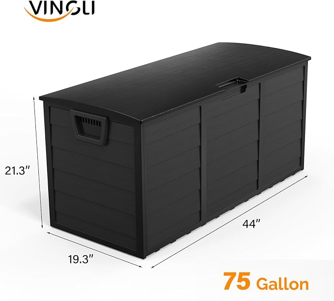 VINGLI 75 Gallon Outdoor Storage Box, Lockable Plastic Storage Containers with Lid, Patio Deck Box Furniture for Garden, Pool, Balcony, Yard (Full Black)