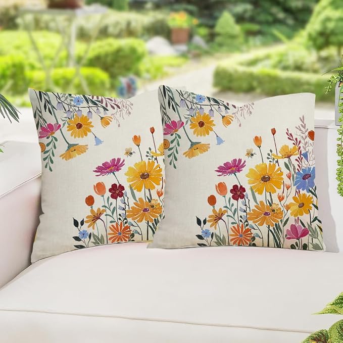 RABUSOFA Spring Summer Pillow Covers Waterproof 20x20 Inch Outdoor Decor Decorative Pillows for Couch Yellow Flower Daisy Floral Farmhouse Pillowcase for Patio Balcony Sofa Set of 2