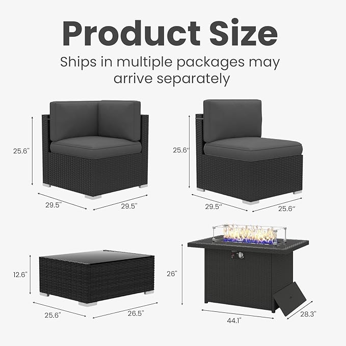 8 Pieces Patio Furniture Set with 44" Propane Gas Fire Pit Table, Outdoor Sectional Wicker Conversation Sofa Sets with Coffee Table